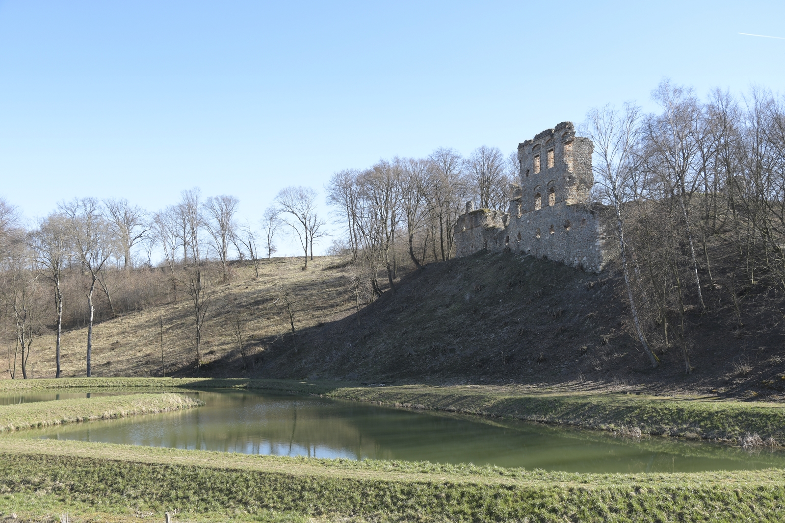 Ruina zamku świętokrzyskiego w Międzygórzu, na górce przed którą jest mały staw.