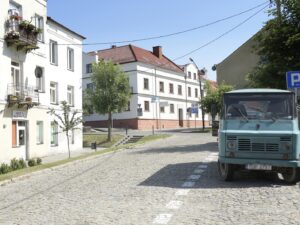 Żuk przy brukowanej drodze w Opatowie.