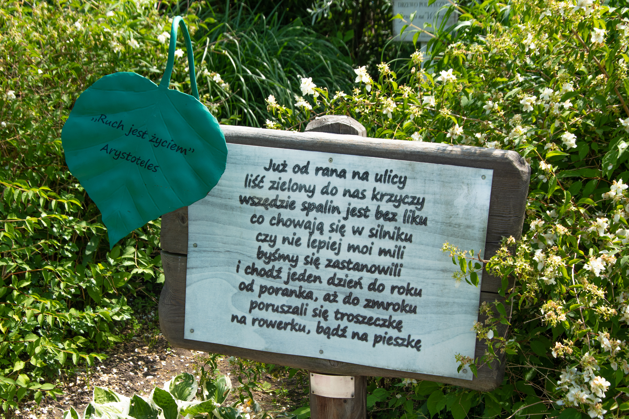 Tablica z wypisanym wierszem w ogrodzie przy Europejskim Centrum Bajki.