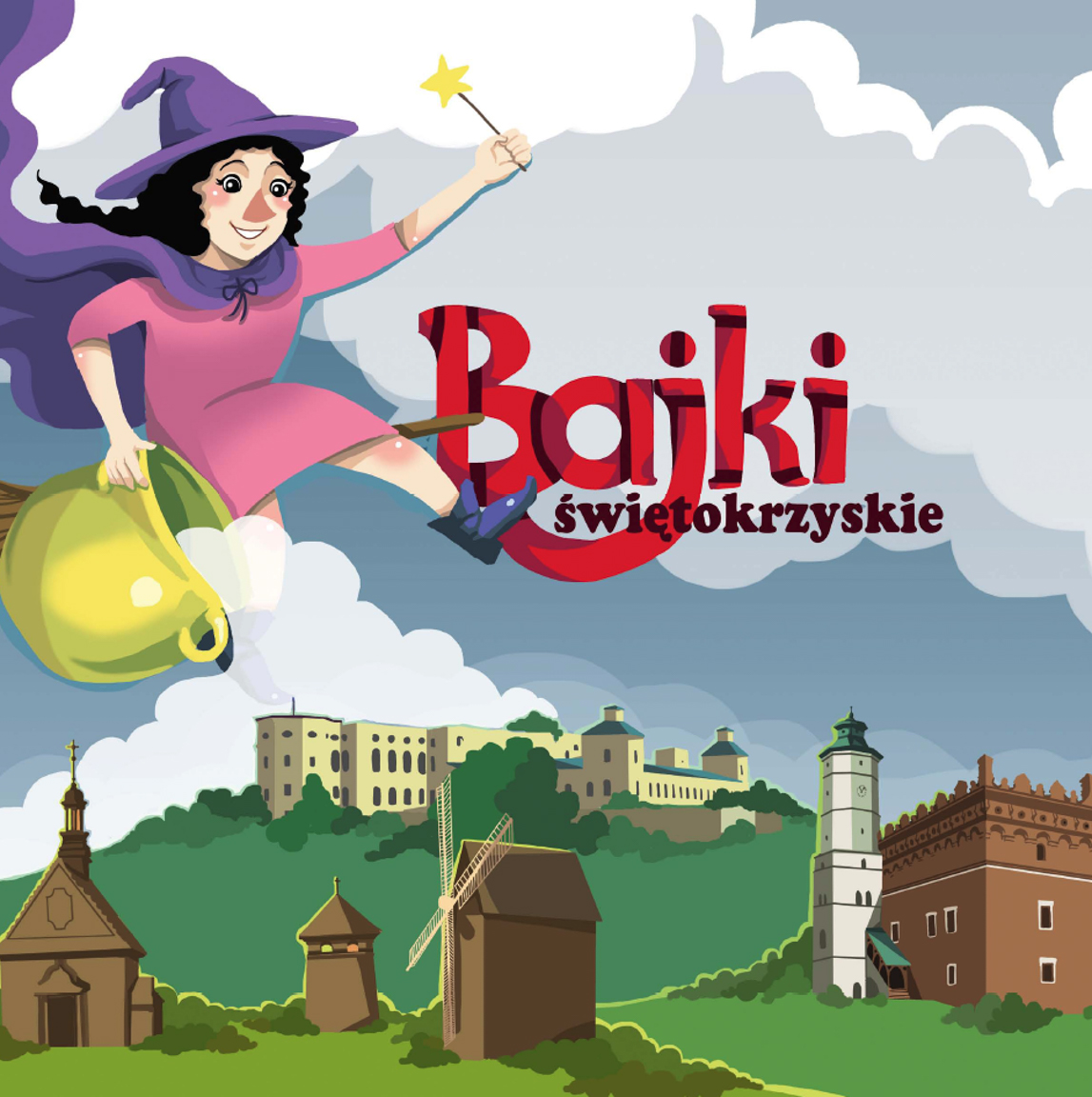 Okładka przewodnika Bajki Świętokrzyskie przedstawiająca latającą czarownicę.