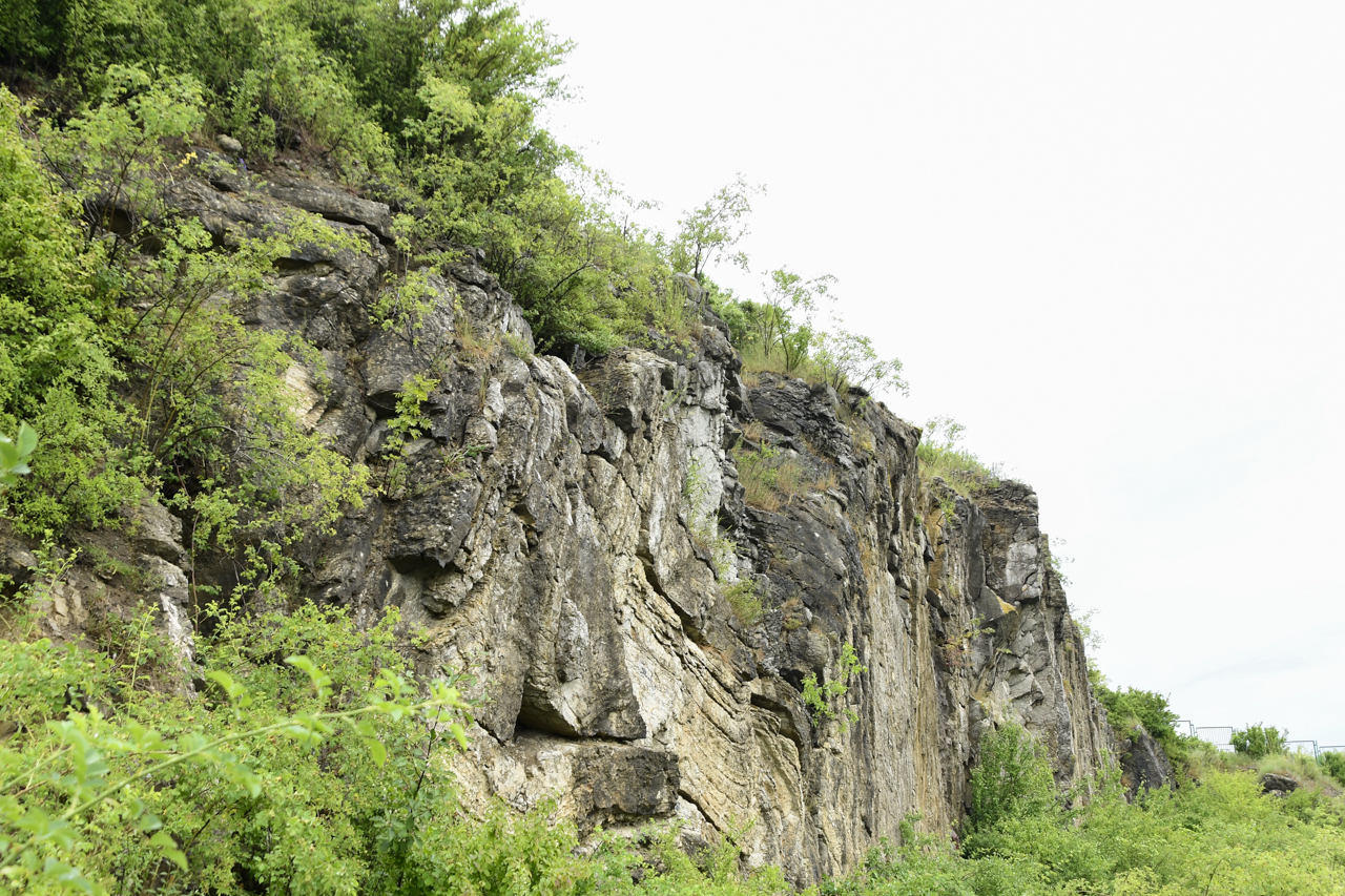 Zbliżenie na pofałdowane skały nieczynnego, świętokrzyskiego kamieniołomu w Ślichowicach.