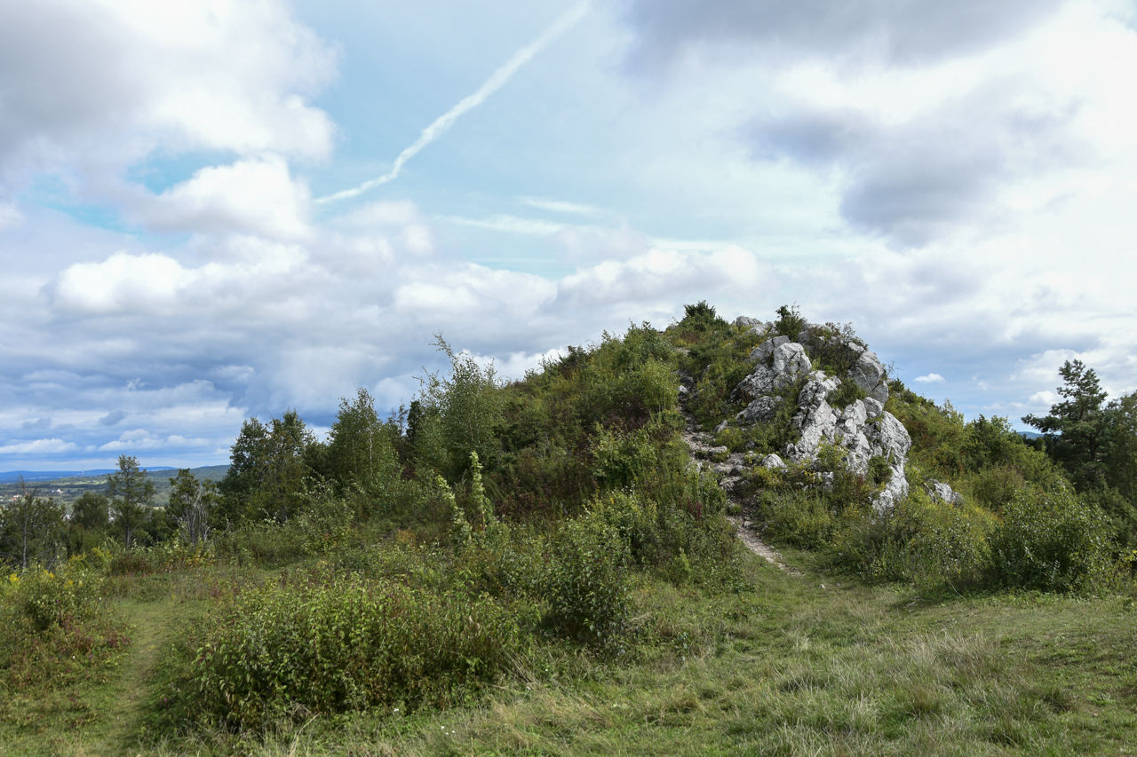 Widok na skaliste wzniesienie na szczycie Góry Miedzianki, z widocznymi skałkami.