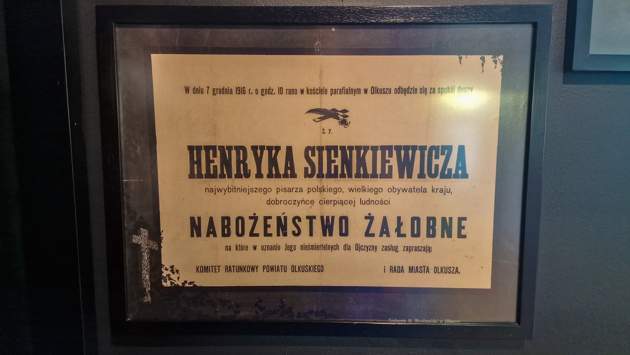 Informacja o nabożeństwie żałobnym w Muzeum Henryka Sienkiewicza.