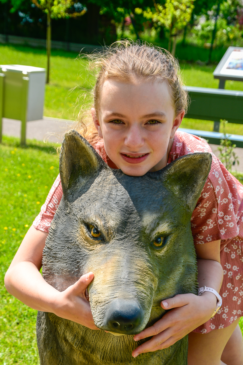 Dziewczynka przytulająca figurę wilka w naturalnych rozmiarach, na placu zabaw w Oblęgorku.